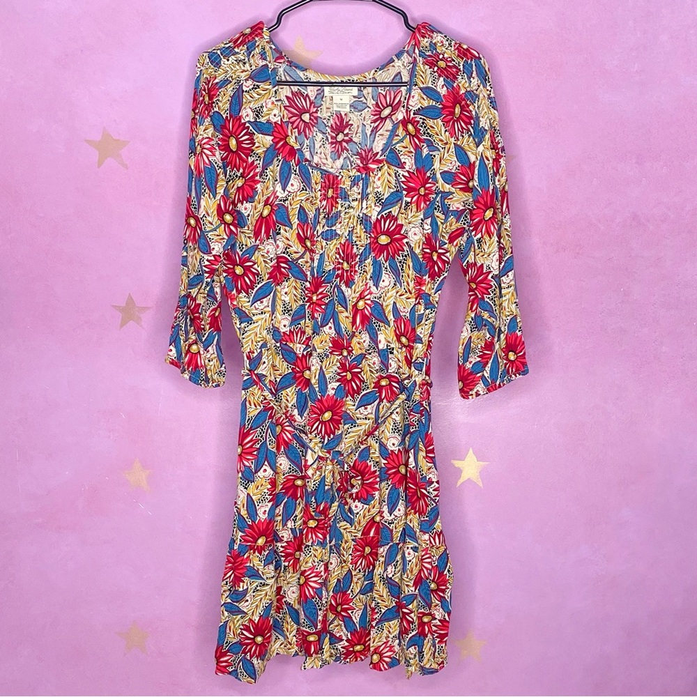 Lucky Brand Dress Floral 3/4 Sleeve Red Gold Blue Tie Belt Boho Feminine Medium